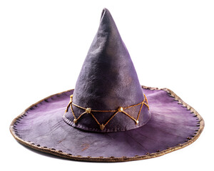 A purple witch hat with gold string decoration isolated on transparent background