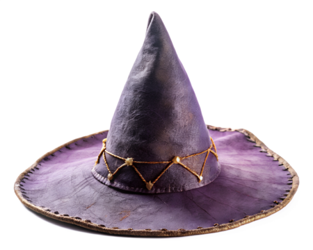 A purple witch hat with gold string decoration isolated on transparent background