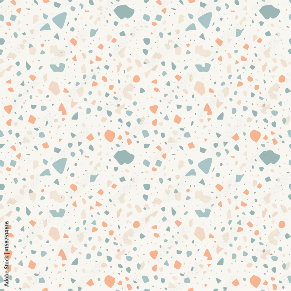 Poster abstract seamless pattern featuring scattered colorful terrazzo fragments on a light background.