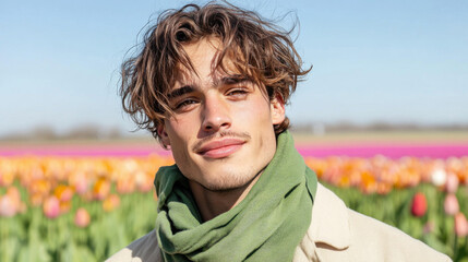 Close-up of a man with a square jawline, light brown eyes, and a gentle smile, wearing a soft green scarf and a beige jacket, standing in front of a vast field of tulips with empty sky above. 