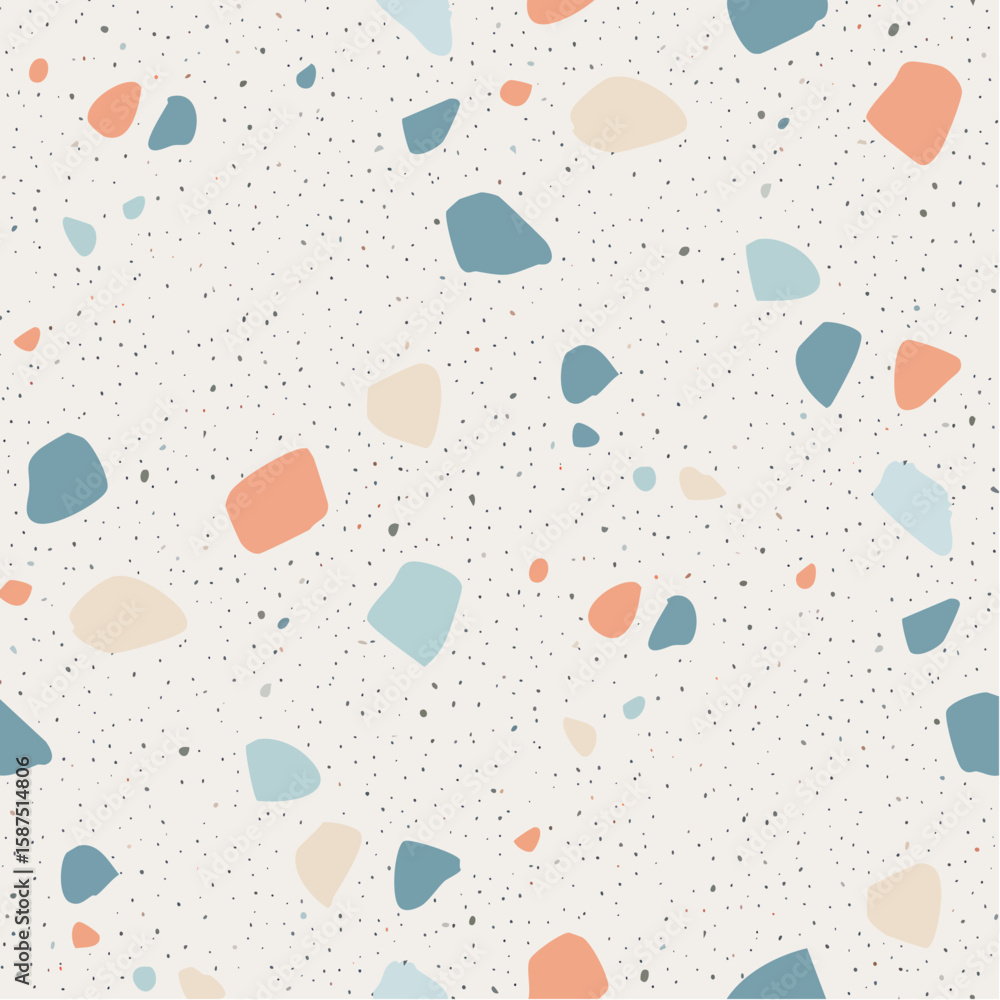 Poster abstract terrazzo pattern featuring scattered colorful geometric shapes and a speckled background.