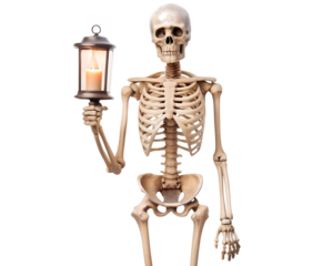 Human skeleton holding a lit lantern with a candle isolated on transparent background
