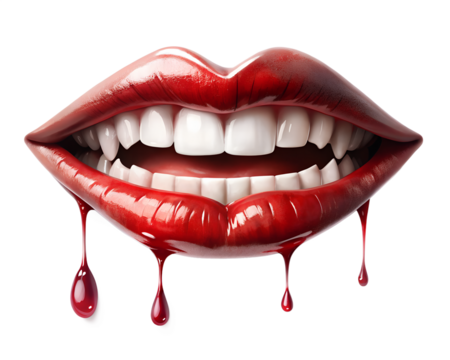 Sensual red lips with dripping blood isolated on transparent background