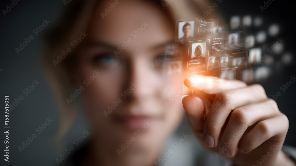Poster a young woman with a pensive expression thoughtfully interacting with a digital interface or screen 