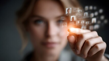 A young woman with a pensive expression thoughtfully interacting with a digital interface or screen suggesting the use of technology data and communication in a modern progressive context