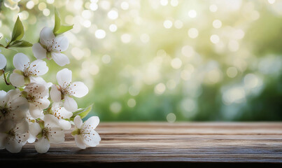 Spring background with white blossoms on a wooden table, blurred green spring nature in the background