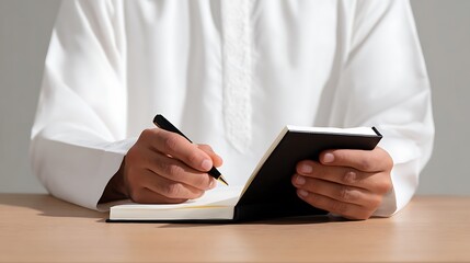 Close Up of a Muslim Hands Writing in a Notebook : Suitable for Be Used in Blog Posts, Social Media Posts or Website Content Related to People and Education Theme.