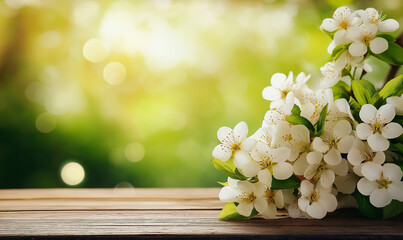 Spring background with white blossoms on a wooden table, blurred green spring nature in the background