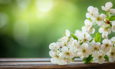 Spring background with white blossoms on a wooden table, blurred green spring nature in the background