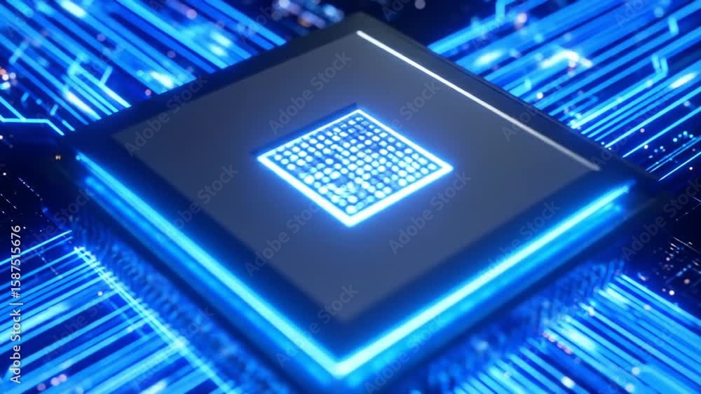 Poster futuristic blue glowing circuit board animation background with central processor