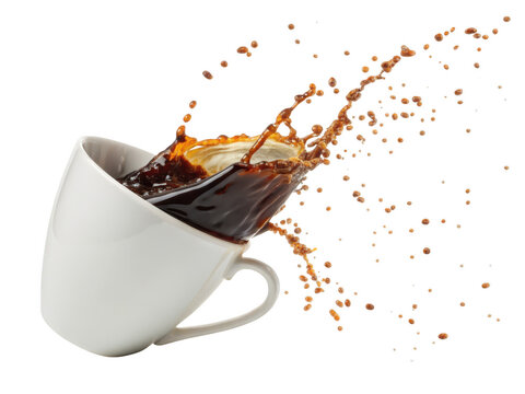 White coffee mug tipping over with dark coffee splashing out and droplets flying isolated on transparent background