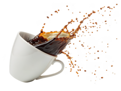 White coffee mug tipping over with dark coffee splashing out and droplets flying isolated on transparent background