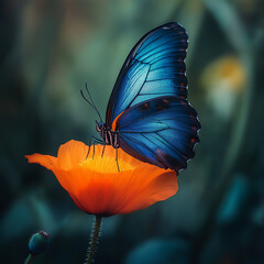 A vibrant butterfly perched on an orange poppy, its wings shimmering with blue and black hues against the soft green background.