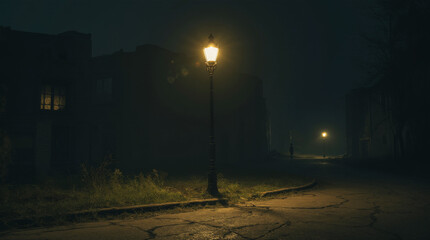 Generative AI Foggy Night Street Lamp Street lamp Fog Light Dark Urban City Building Road Silhouette Person Atmosphere Eerie Moody Wet Grass Sidewalk Old Architecture - Download Now