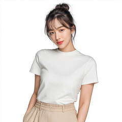 White t-shirt mockup, Korean woman with tied hair in the background