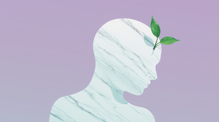 Generative AI Marble Head with Leaf Sprout Silhouette Green Purple Minimal Abstract Texture Stone Profile Growth Nature Plant Ideas Innovation Wellness Mindfulness - Modern Look