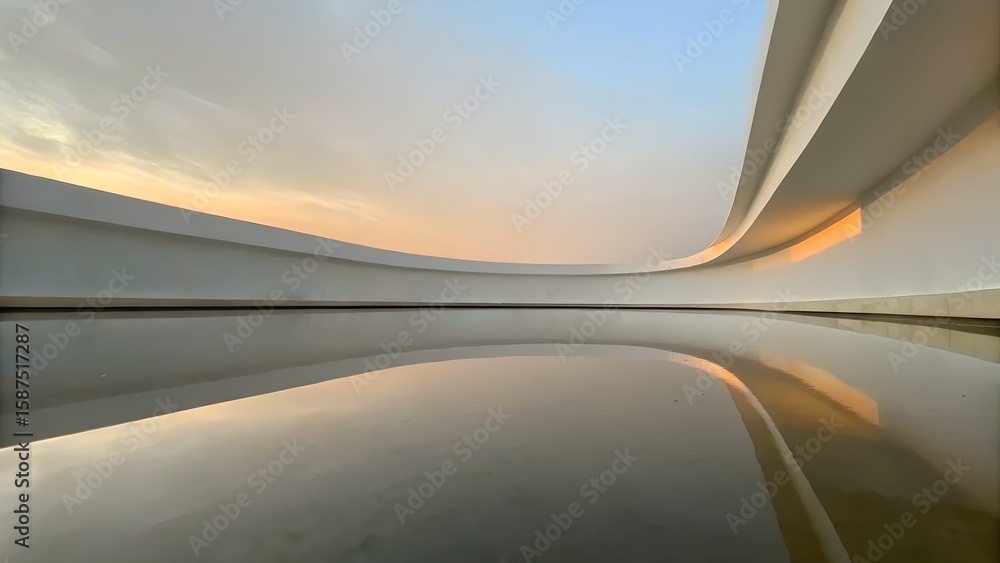 Poster curved minimalist architecture with reflection and sunset light