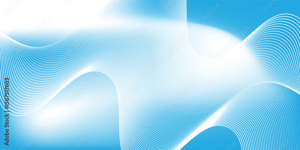 Poster abstract blue gradient background with shining lines waves.