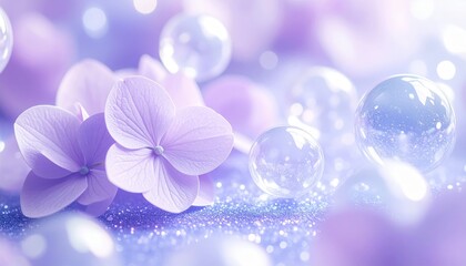 Dreamy pastel hydrangea blossoms in soft focus, surrounded by sparkling translucent bubbles on a shimmering purple background, delicate floral fantasy with magical and ethereal atmosphere