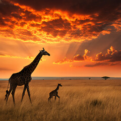 Majestic giraffes walk across the african savanna during a vibrant and fiery sunset