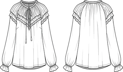 Elegant Women's Blouse CAD Drawing, Ruffled Neckline, Long Sleeve Design, Flat Fashion Vector, Garment Illustration, Stylish Top Sketch