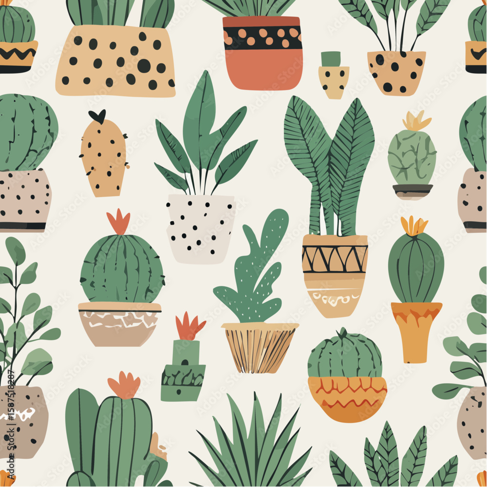 Poster a seamless pattern of various potted plants and cacti with different pot designs on a light backgrou