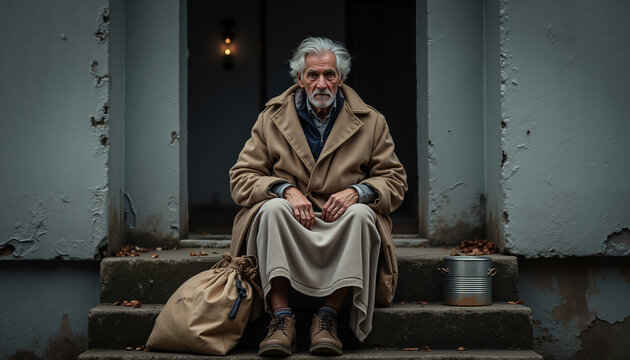 An elderly homeless man sits on the stairs with a bag and a jar in an autumn setting. - Powered by Adobe