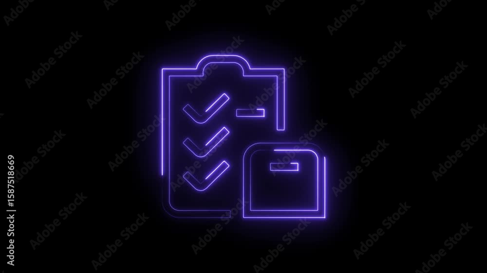 Aufkleber glowing neon style checklist and document icon animation on a dark background