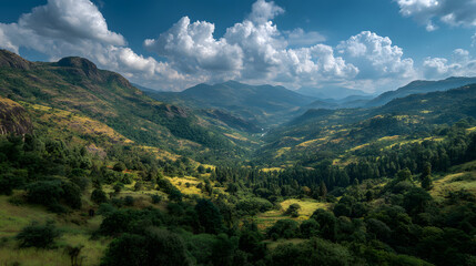 Naklejka premium Scenic wide-angle view showcasing lovely skies, lush hills, and mountains