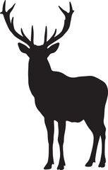 Obraz premium Black deer silhouette with large antlers, isolated on a white background, perfect for wildlife, hunting, nature, and animal-themed designs, or rustic and forest illustrations
