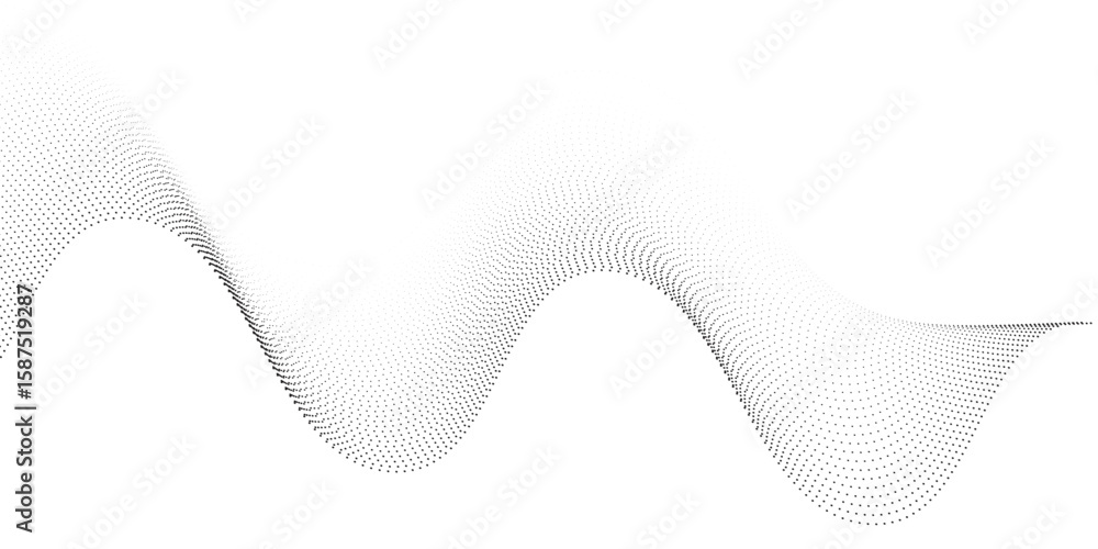 Poster flowing dots particles wave pattern 3d curve halftone black gradient curve shape isolated on white b