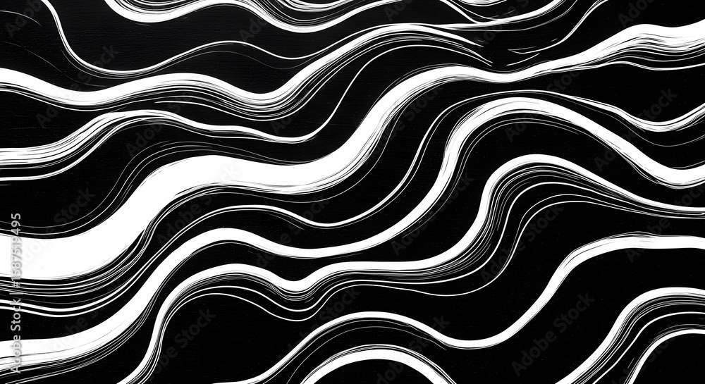 Poster abstract black and white image featuring curved, flowing lines creating a dynamic and mesmerizing pa