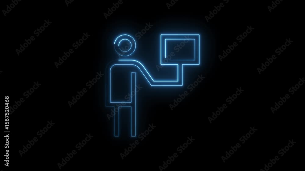 Poster neon human figure holding a computer screen interface display with futuristic design on black backgr