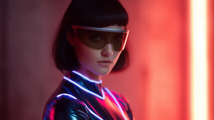 Futuristic woman neon light cyberpunk visor short hair glowing suit confident technology