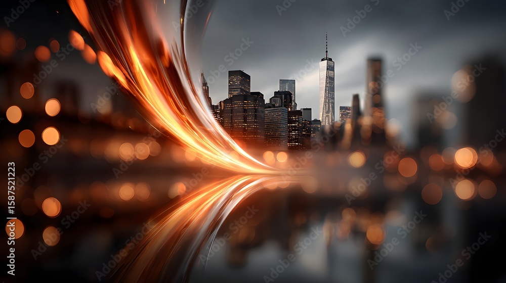 Poster captivating image of a vibrant city skyline with towering skyscrapers reflected in the shimmering wa