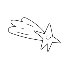 Smiling shooting star. Outline vector design. Hand drawn illustration on white background.