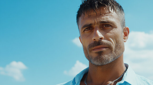 Close-up of a man with an angular face, deep brown eyes, and a serious expression, wearing a light blue shirt and a silver necklace, standing with a wide open spring landscape behind him. 