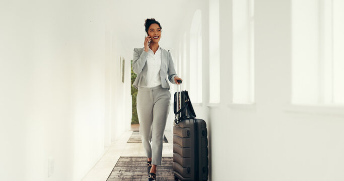 Business, woman and phone call with suitcase in lobby of discussion, travel schedule and work trip. Person, luggage and mobile for client chat, agenda and contact feedback for conference event space