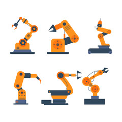 Flat vector set of industrial robotic arms in various positions and functions. Perfect for automation, factory, and manufacturing industry concepts. Clean, modern style suitable for infographics, web,