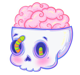 Kawaii Skull with Pink Brain and Colorful Worms - Pastel Cartoon Style