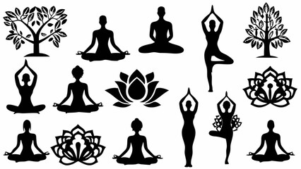 Silhouette collection of yoga poses and lotus flower designs with trees on a white background design art