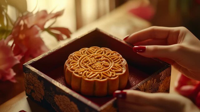 Celebration of the Mid-Autumn Festival with traditional mooncake in a beautifully decorated setting