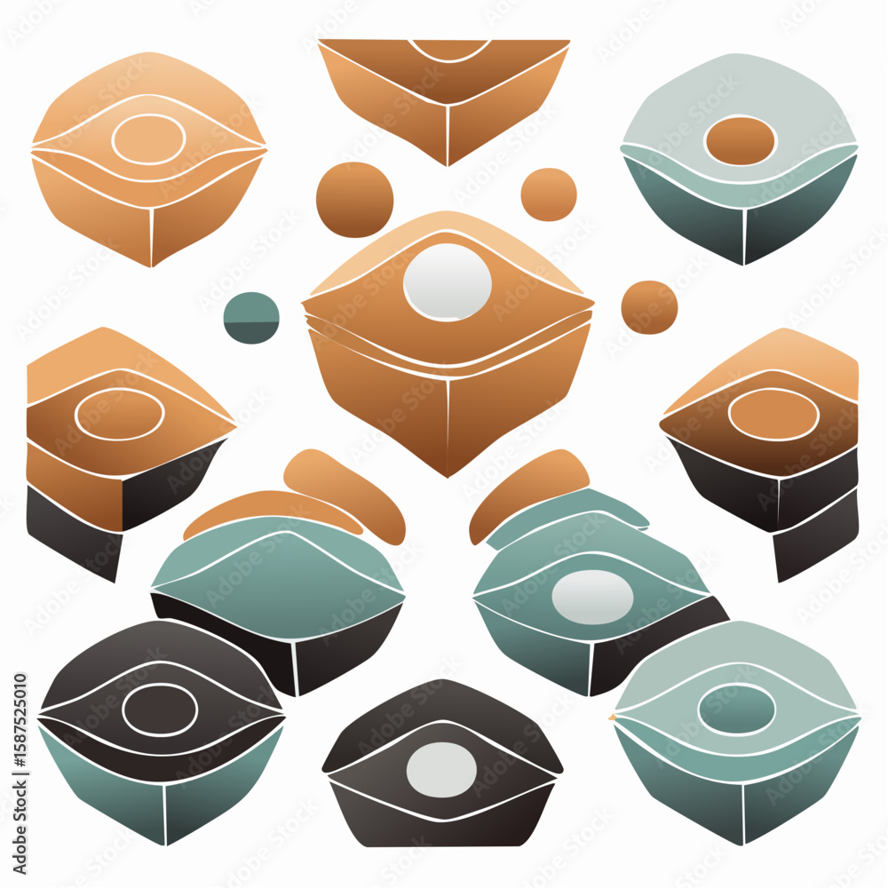 Poster abstract geometric shapes, resembling stylized eyes, arranged in a symmetrical pattern. warm and coo