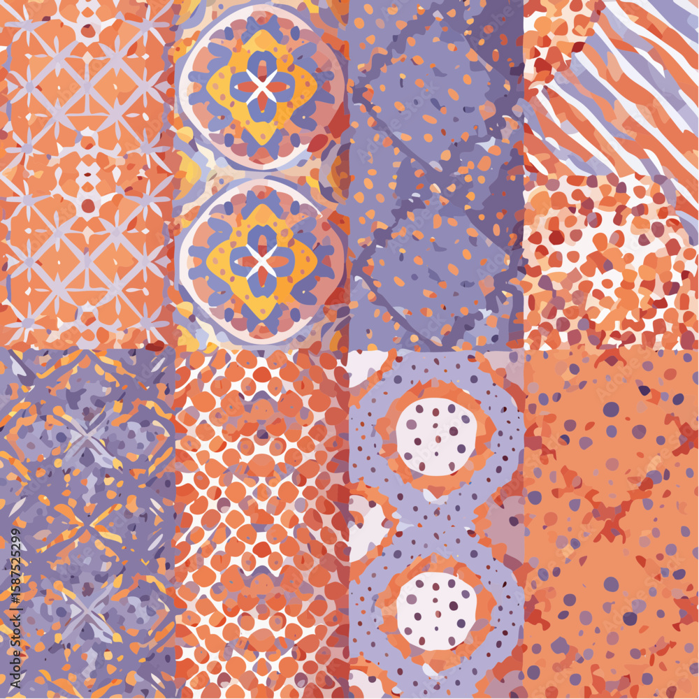 Poster colorful abstract pattern with various geometric shapes and textures, arranged in a grid.