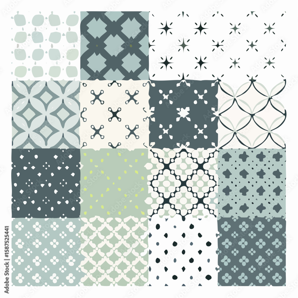 Poster a collection of sixteen different seamless patterns with various geometric shapes and color schemes,