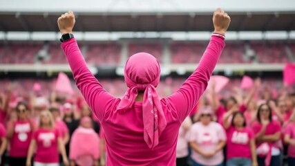 Pink unity awareness event in stadium breast cancer support community celebration empowerment inspiring hopeful gatherings people standing in solidarity outdoor gathering of supporters