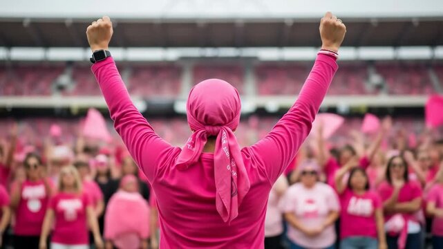Pink unity awareness event in stadium breast cancer support community celebration empowerment inspiring hopeful gatherings people standing in solidarity outdoor gathering of supporters