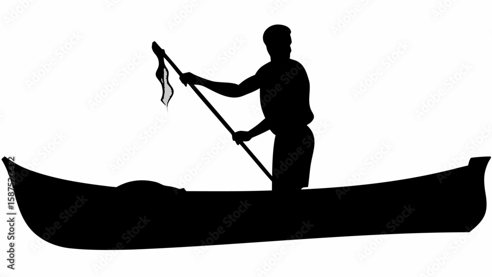 Poster silhouette of person paddling in a canoe with a flag attached to the paddle on a white background sc