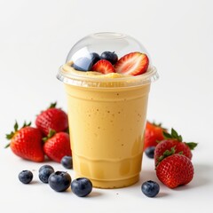 realistic photograph of a smoothie cup filled with creamy mango pineapple blend