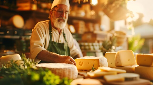 Senior cheesemonger carefully arranging artisanal cheeses in a sunlit shop - Powered by Adobe